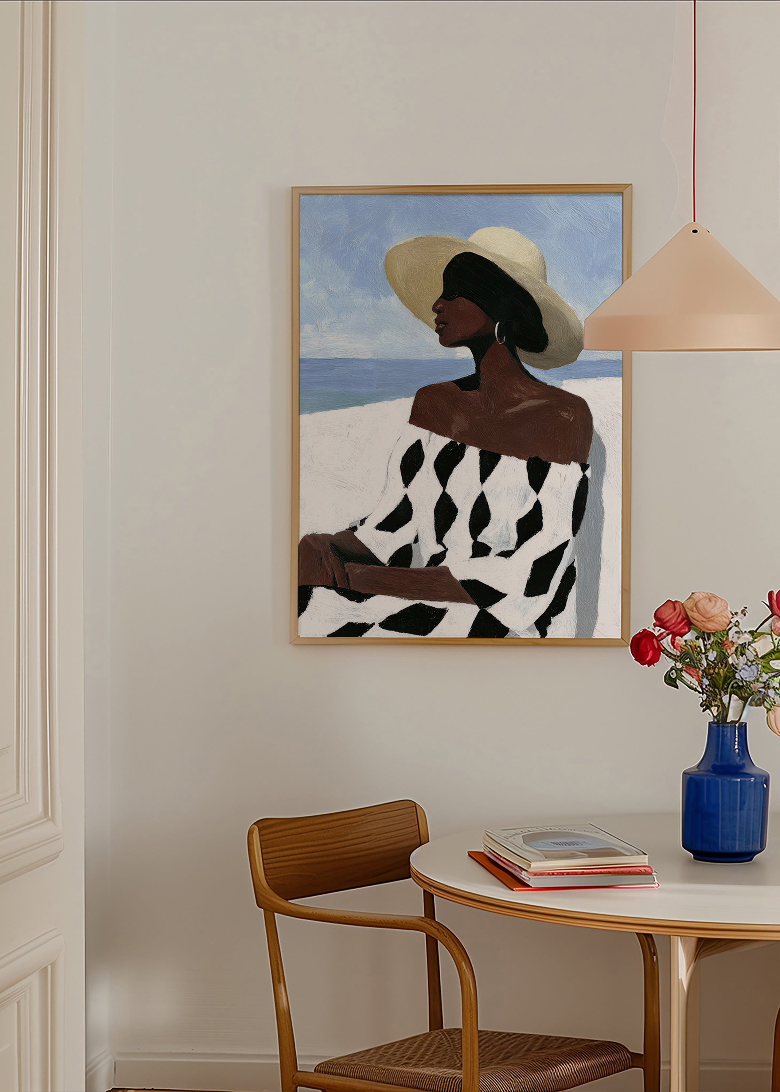 Illustratie vrouw aan zee met patroonjurk – Product3