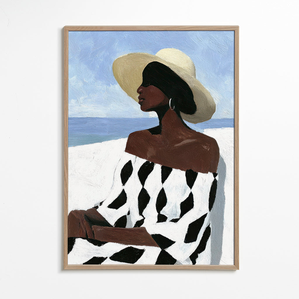 Illustratie vrouw aan zee met patroonjurk – Oak Frame