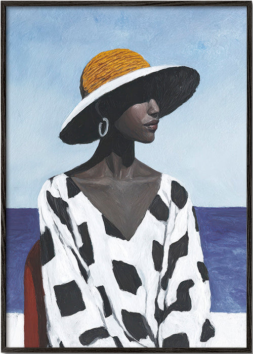 Portretkunstwerk vrouw met hoed aan zee – Black Frame