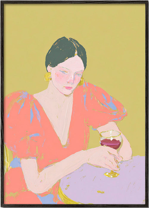 Keuken kunst: vrouw met wijnglas in pasteltinten – Black Frame