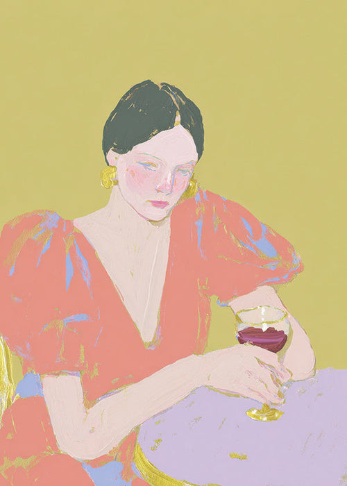 Keuken kunst: vrouw met wijnglas in pasteltinten