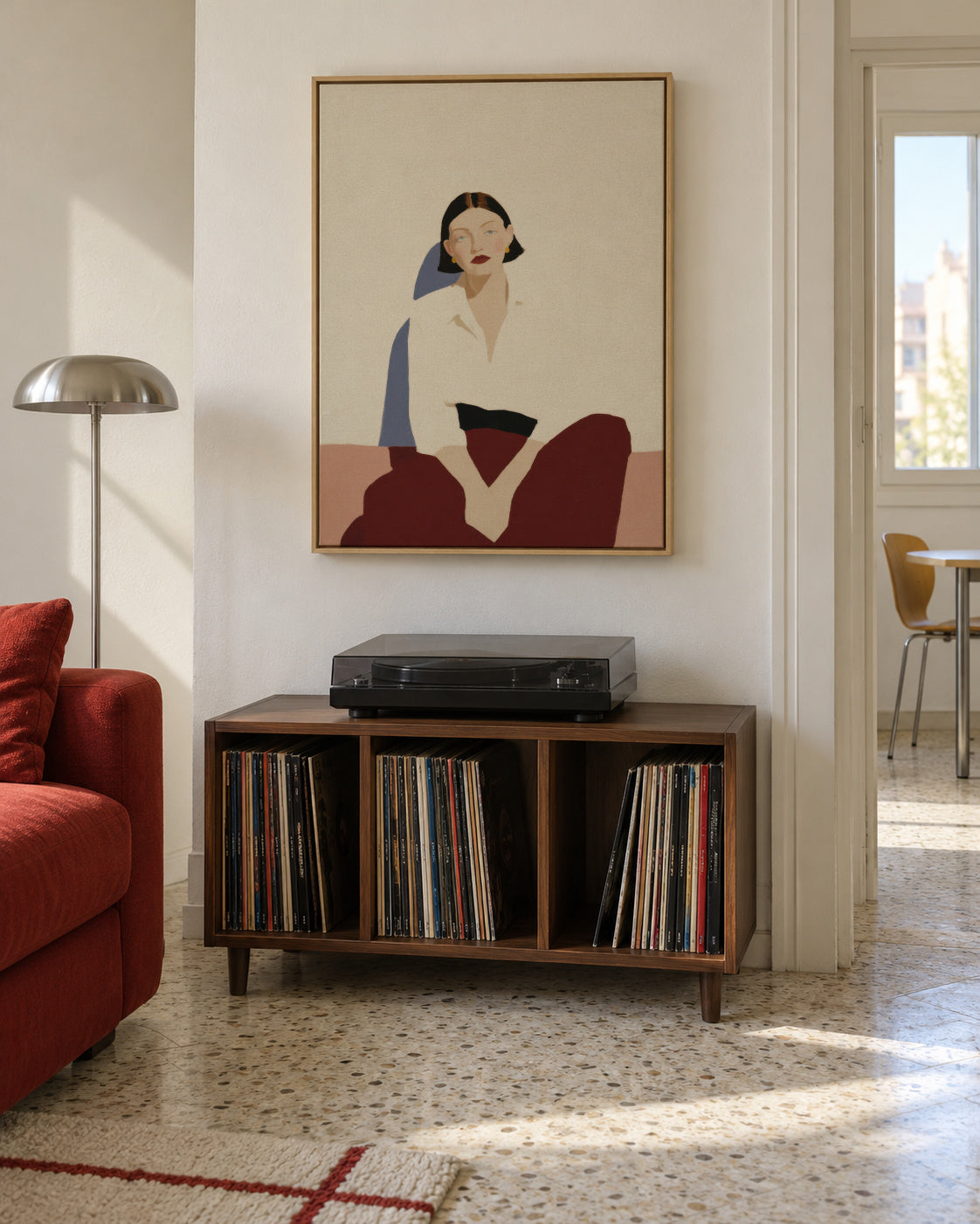 Minimalist Seated Figure - Framed canvas in an interior