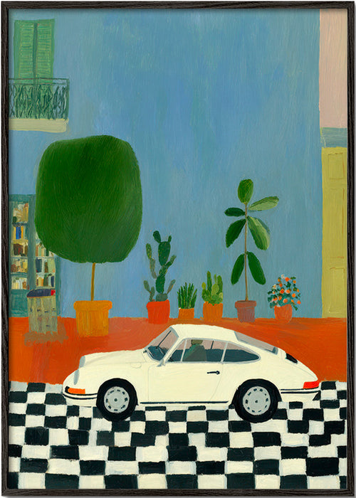 Illustratie klassieke auto met kamerplanten – Black Frame