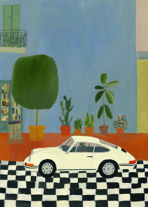 Illustratie klassieke auto met kamerplanten