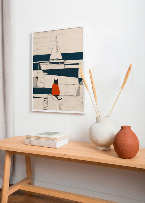 Kunstwerk rode kat in de haven minimalistisch – Product1