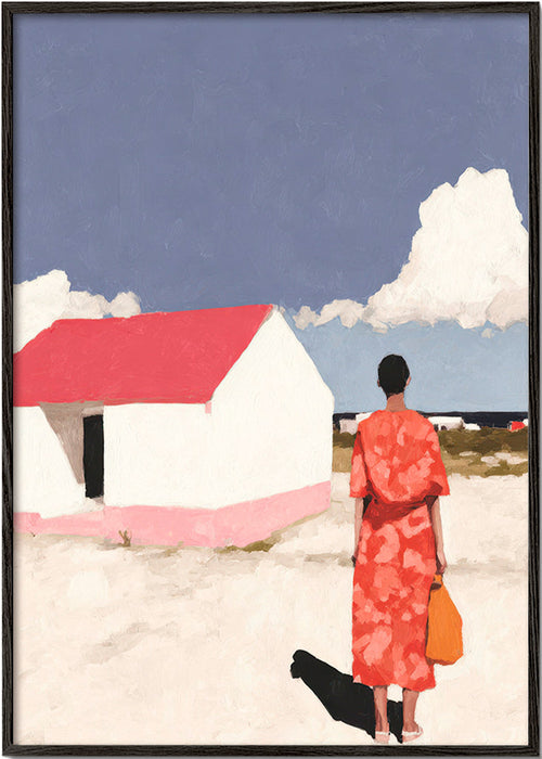 Landschap kunst met figuur en rood huis – Black Frame