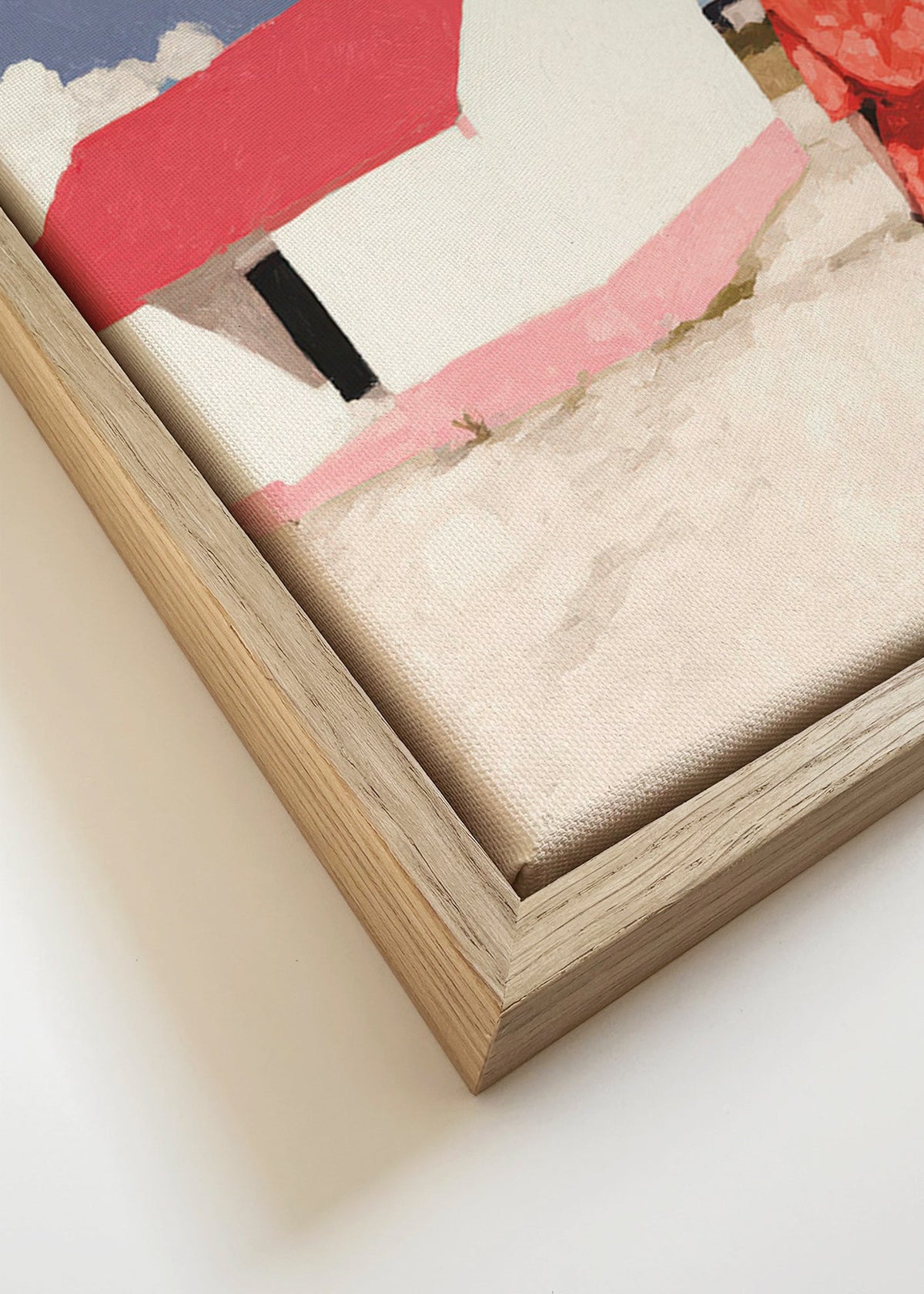 Landschap kunst met figuur en rood huis – Canvas detail
