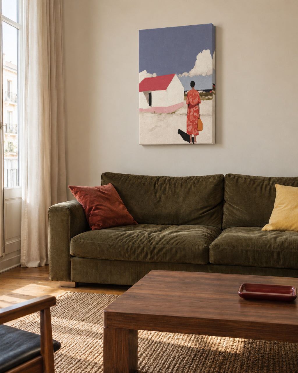 Red Dress, White House - Unframed canvas in an interior