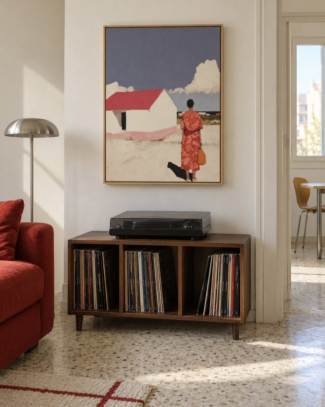 Red Dress, White House - Framed canvas in an interior