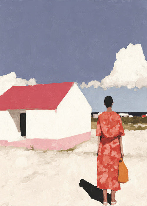 Landschap kunst met figuur en rood huis