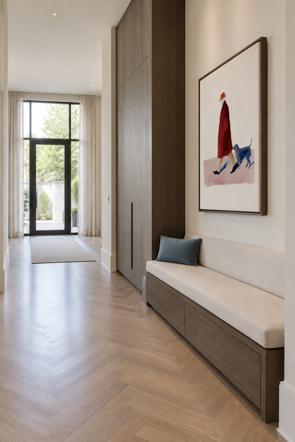 Red Coat Walk - Framed canvas in an interior