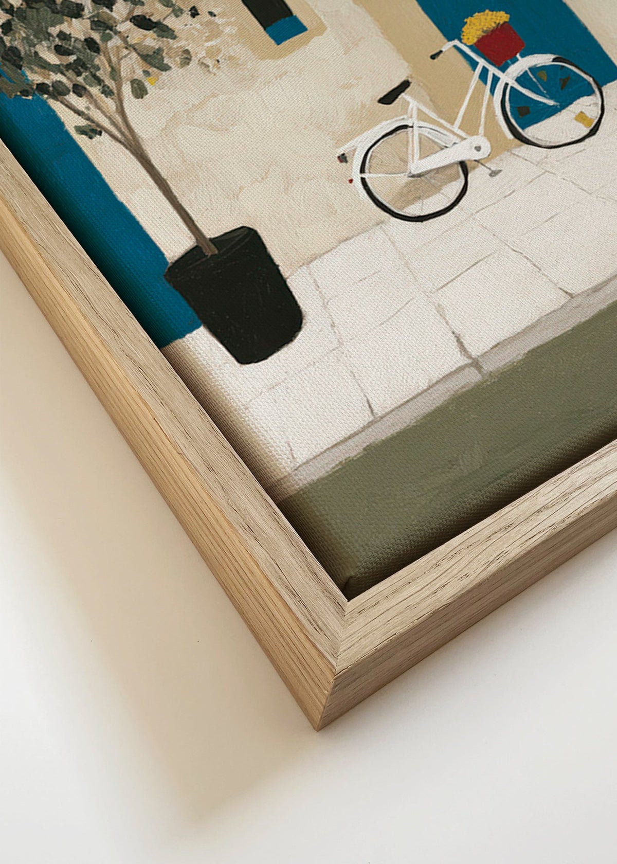 Illustratie: fiets bij blauwe deur – Canvas detail