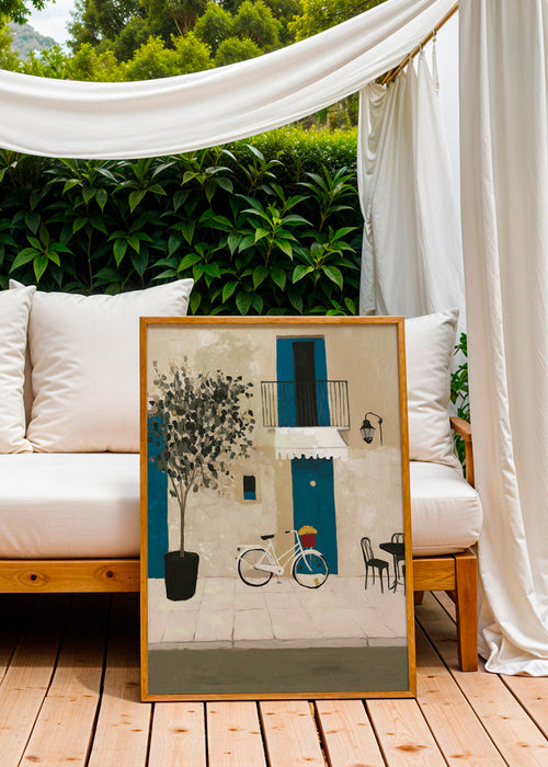 Illustratie: fiets bij blauwe deur – Product1