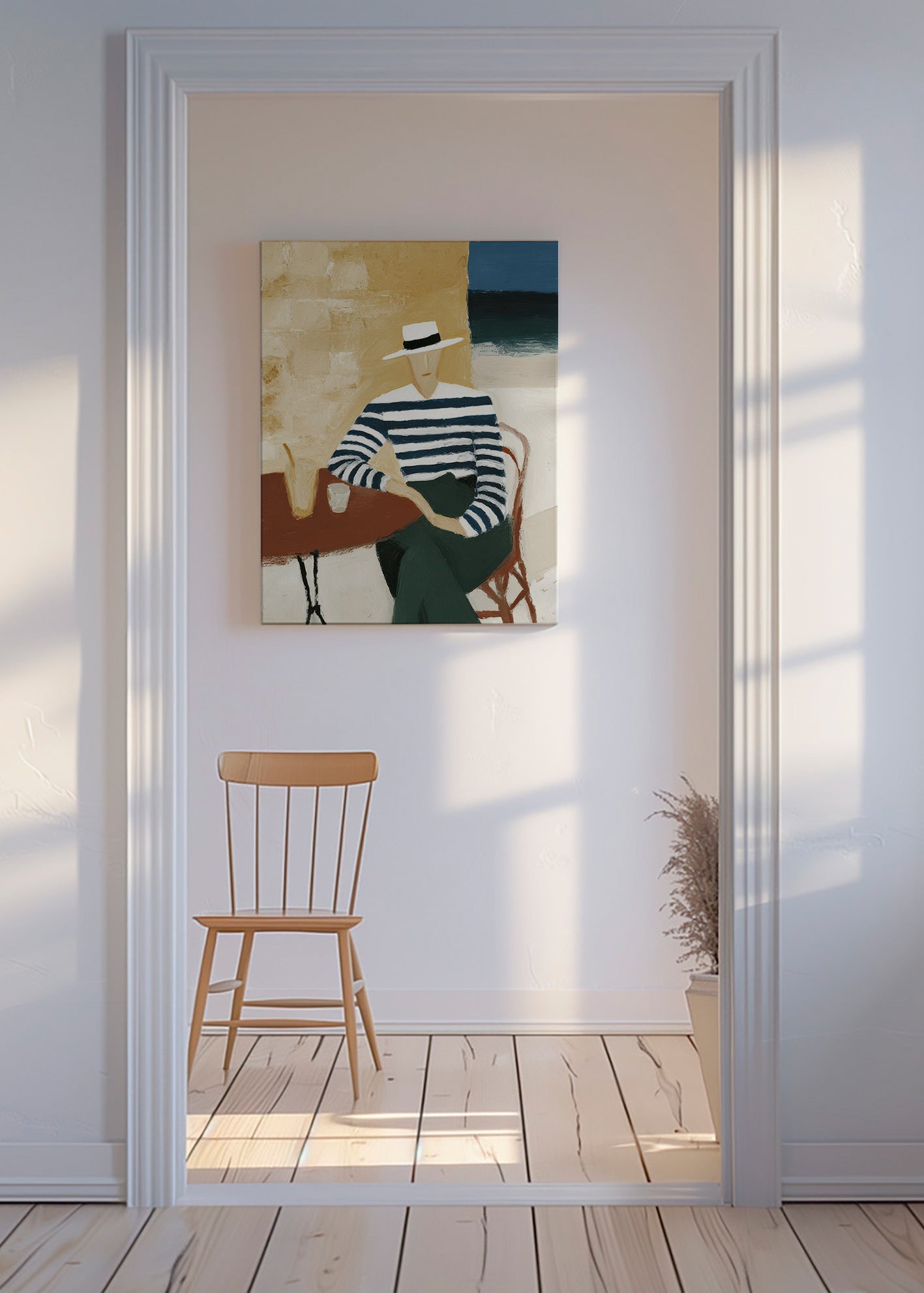 Keuken kunst met gestreepte figuur aan zee – Canvas
