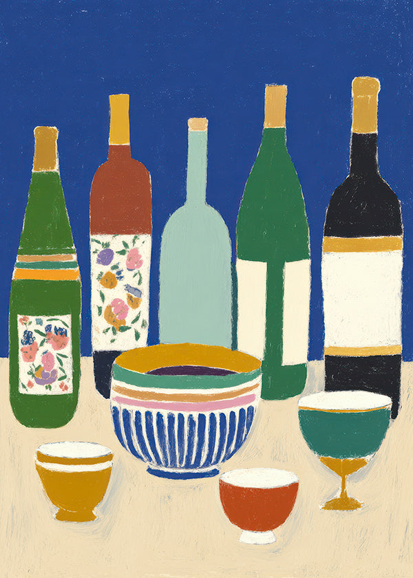 Keuken kunst met flessen en kommen