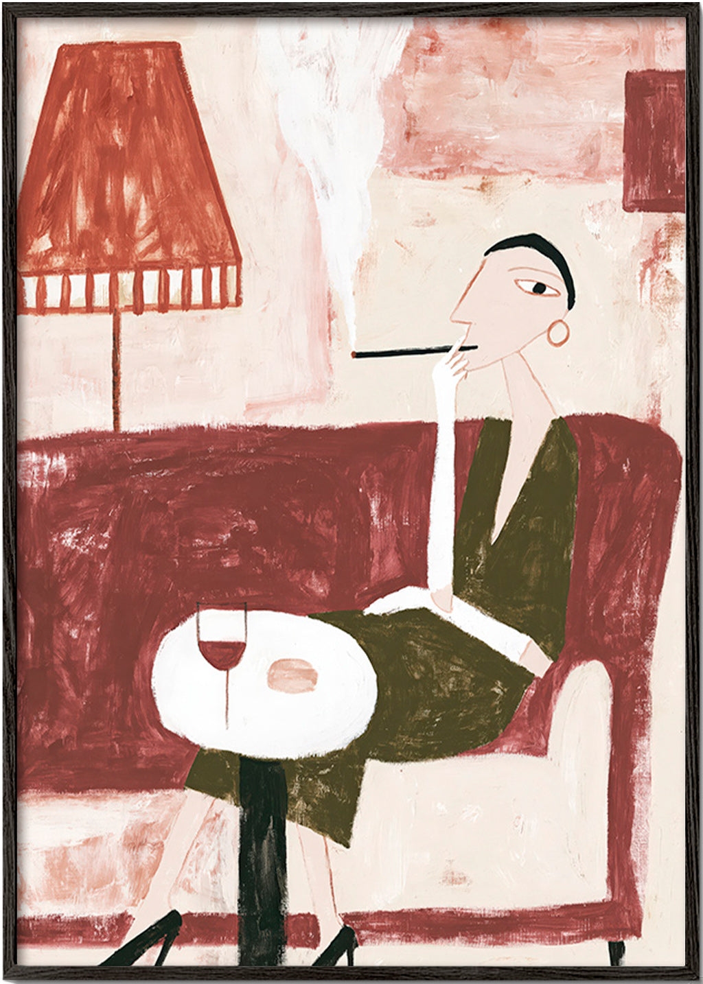 Küchenkunst mit sitzender Figur und Wein