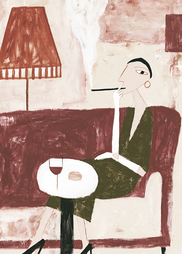 Küchenkunst mit sitzender Figur und Wein