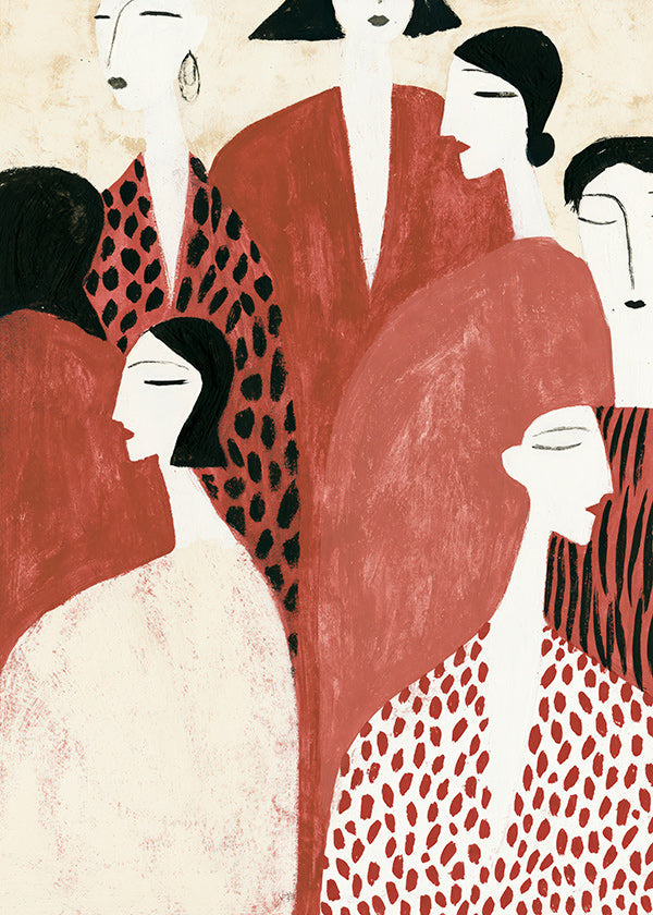 Illustration mit Terrakotta-Figuren und grafischen Mustern