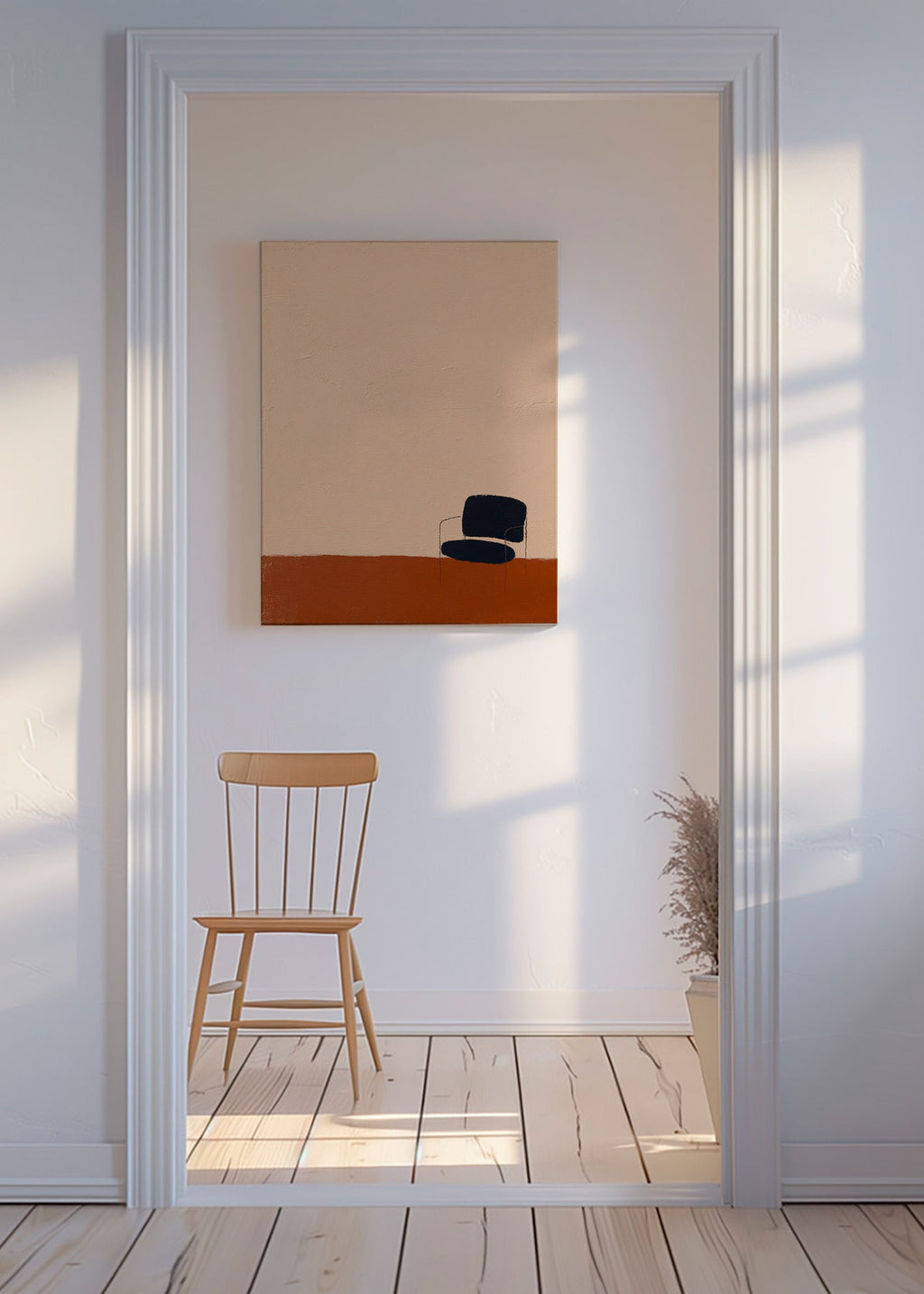 Minimalistisches Bild: Stuhl auf ockerfarbenem Boden
