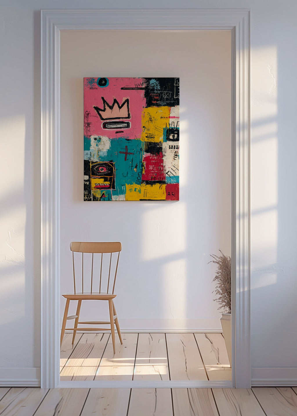 Œuvre abstraite à la couronne et blocs colorés