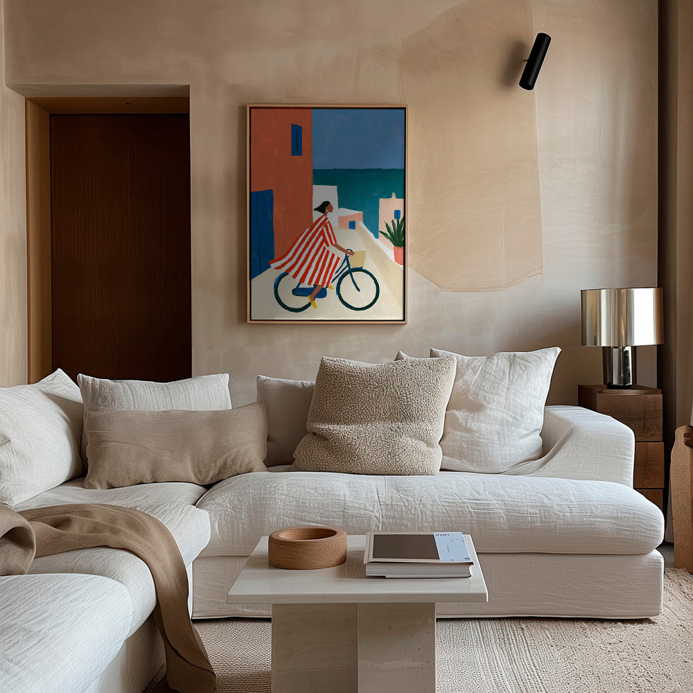 Landschap kunst met fietser aan zee