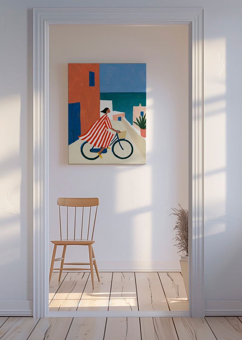 Landschap kunst met fietser aan zee