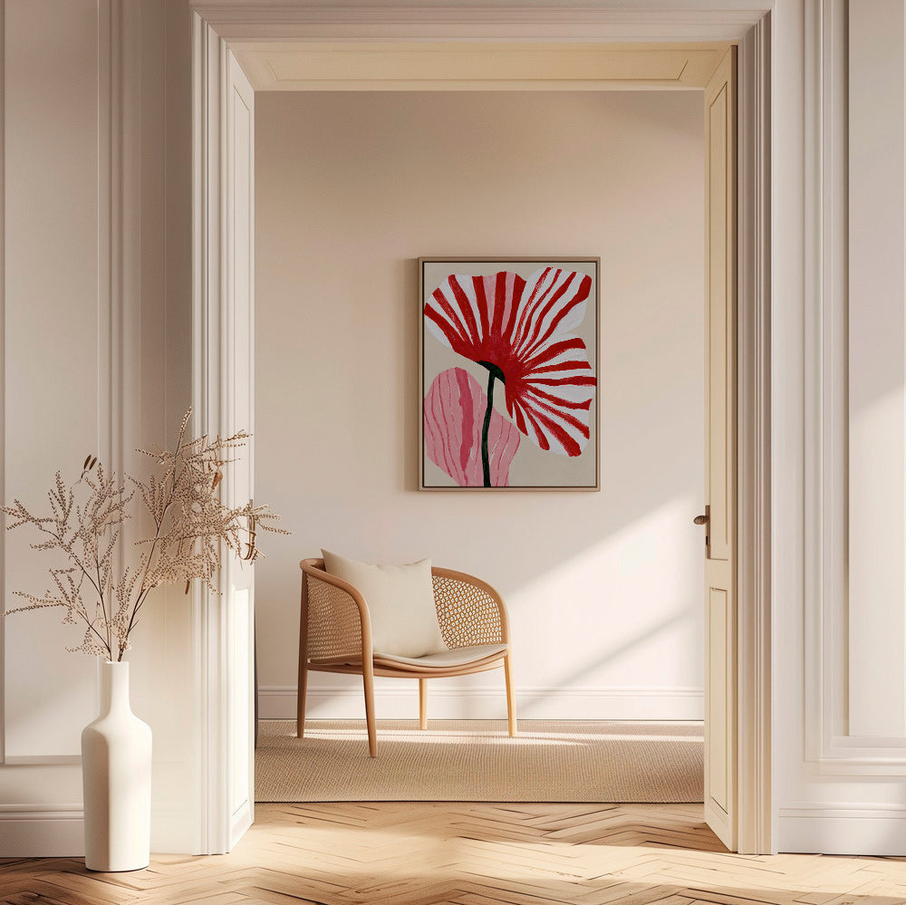 Botanische print met rood gestreepte bloemblaadjes