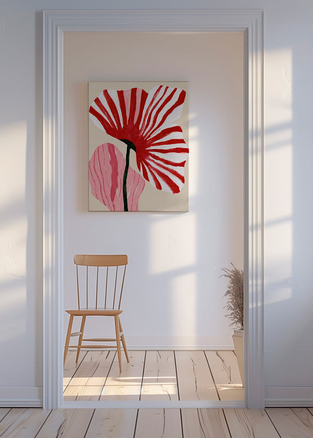 Botanische print met rood gestreepte bloemblaadjes