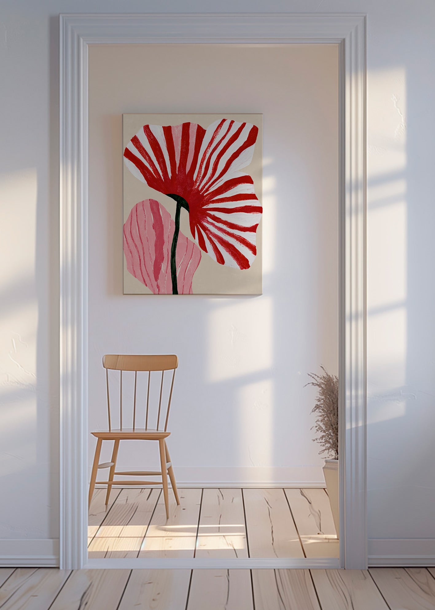 Botanische print met rood gestreepte bloemblaadjes