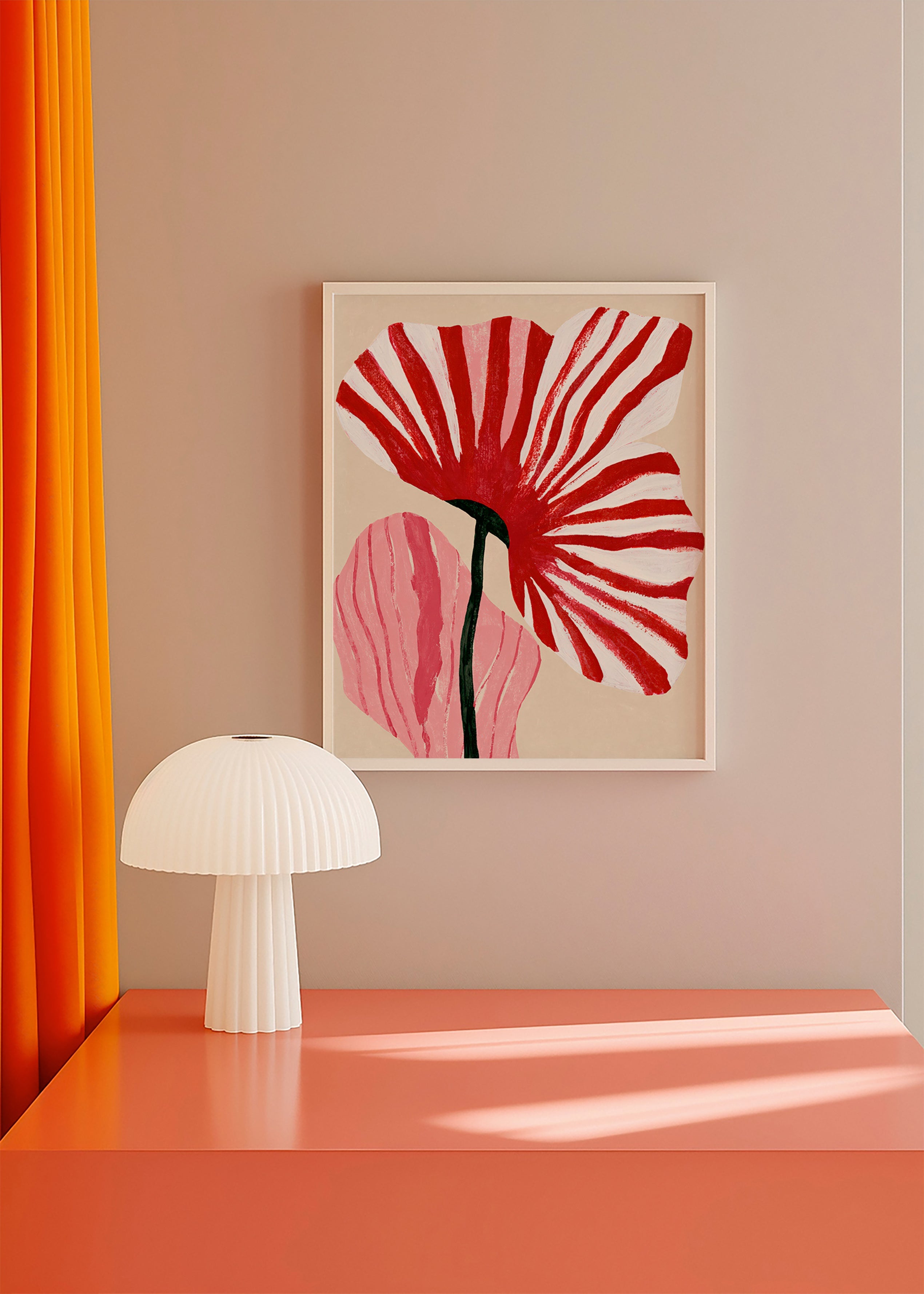 Botanische print met rood gestreepte bloemblaadjes