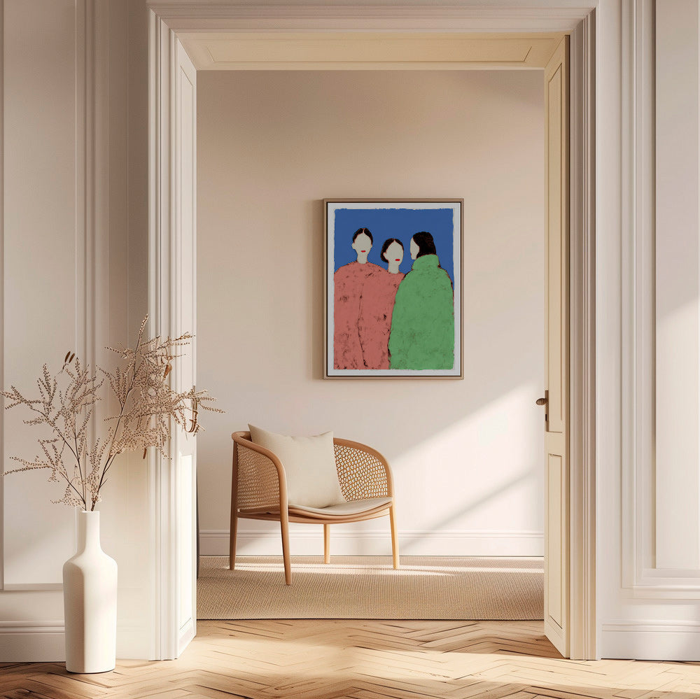 Illustratie van drie gestileerde figuren op blauwe achtergrond