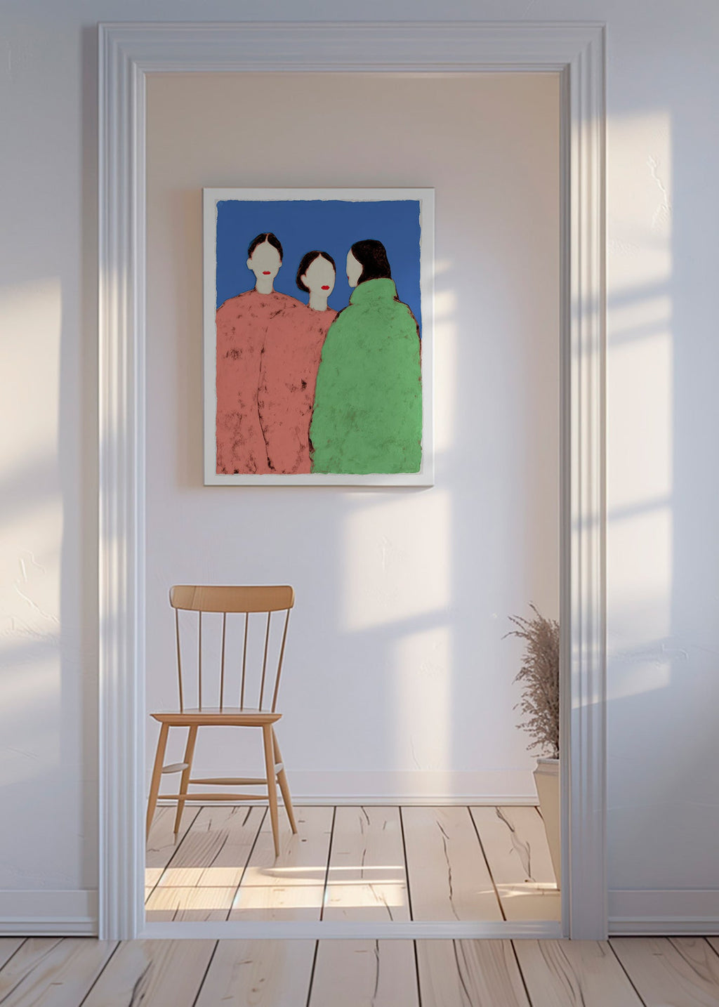 Illustratie van drie gestileerde figuren op blauwe achtergrond