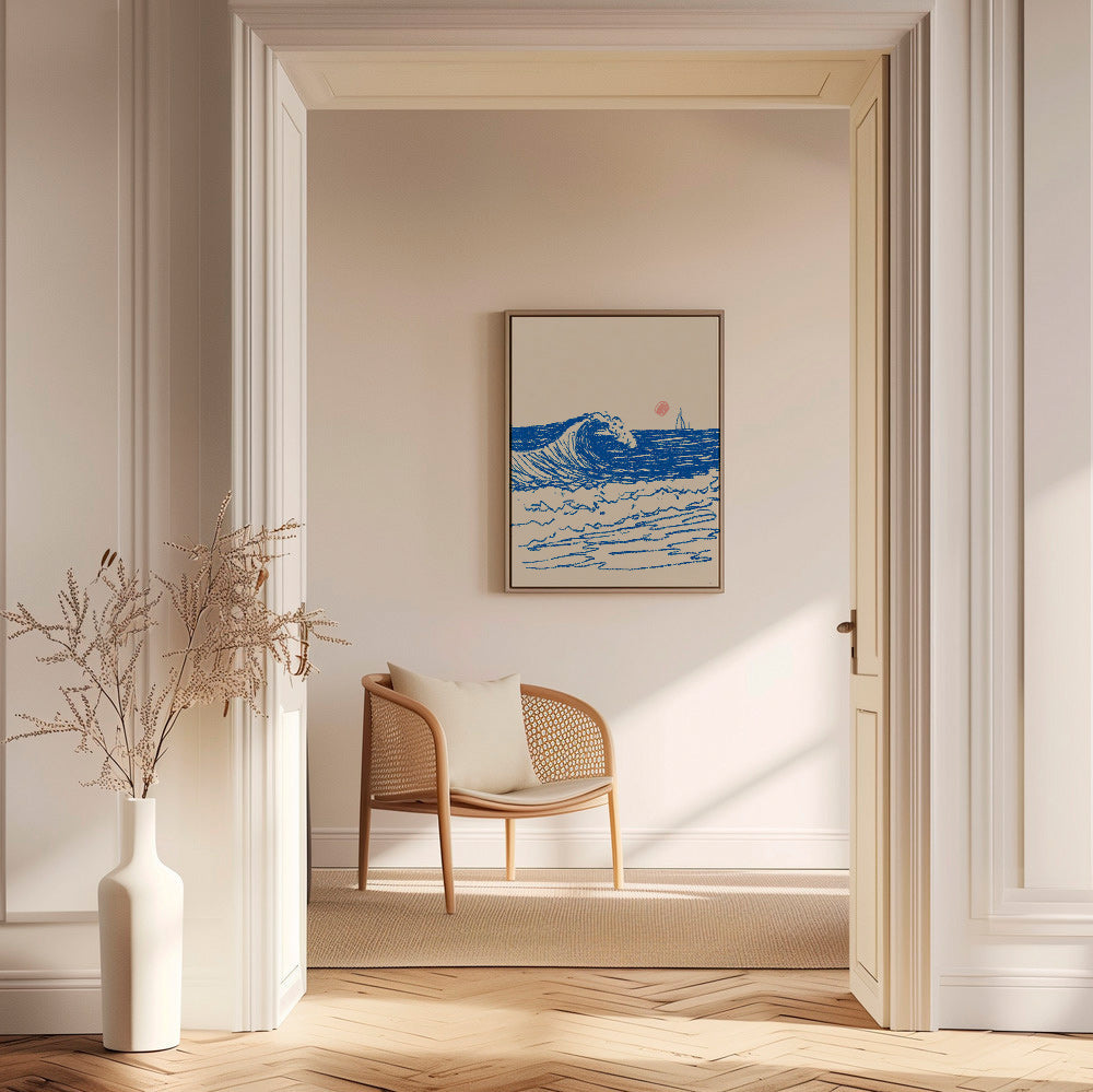 Tableau de paysage avec vague esquissée et voilier