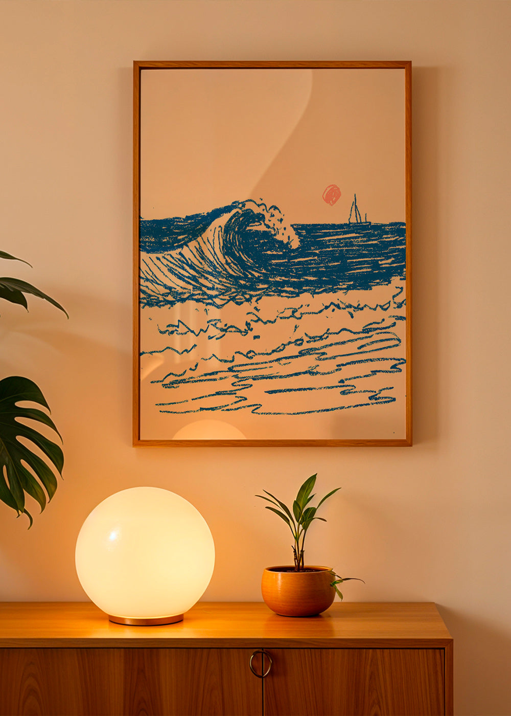 Tableau de paysage avec vague esquissée et voilier