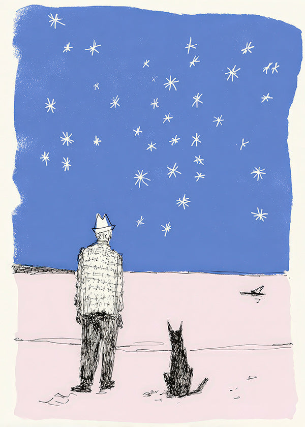 Illustration : homme et chien sous les étoiles