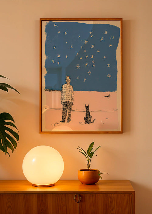 Illustratie: man en hond onder de sterren