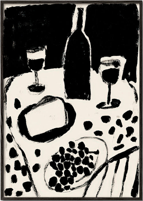 Art de cuisine: bouteille et raisins en monochrome