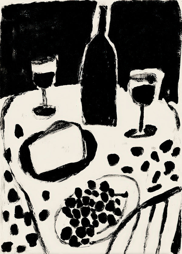 Küchenkunst: Flasche und Trauben in Monochrom