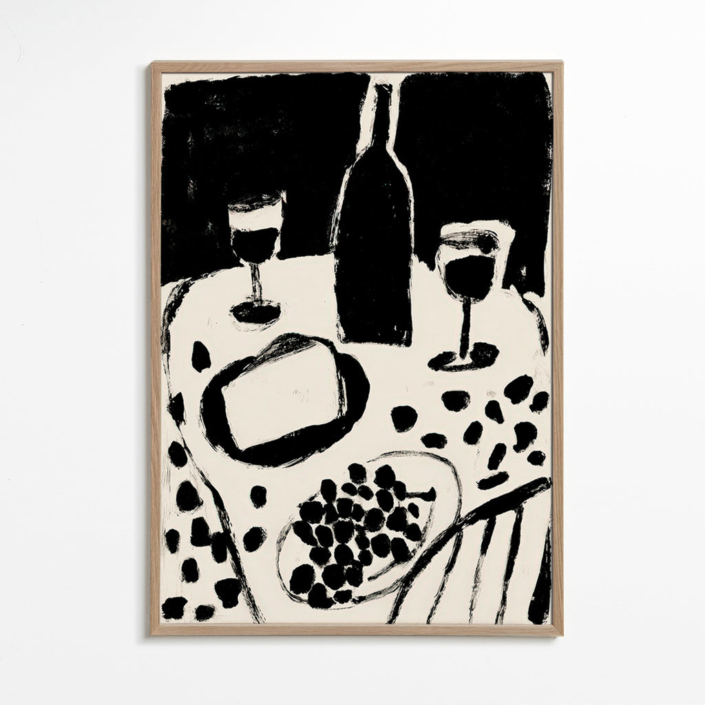 Küchenkunst: Flasche und Trauben in Monochrom