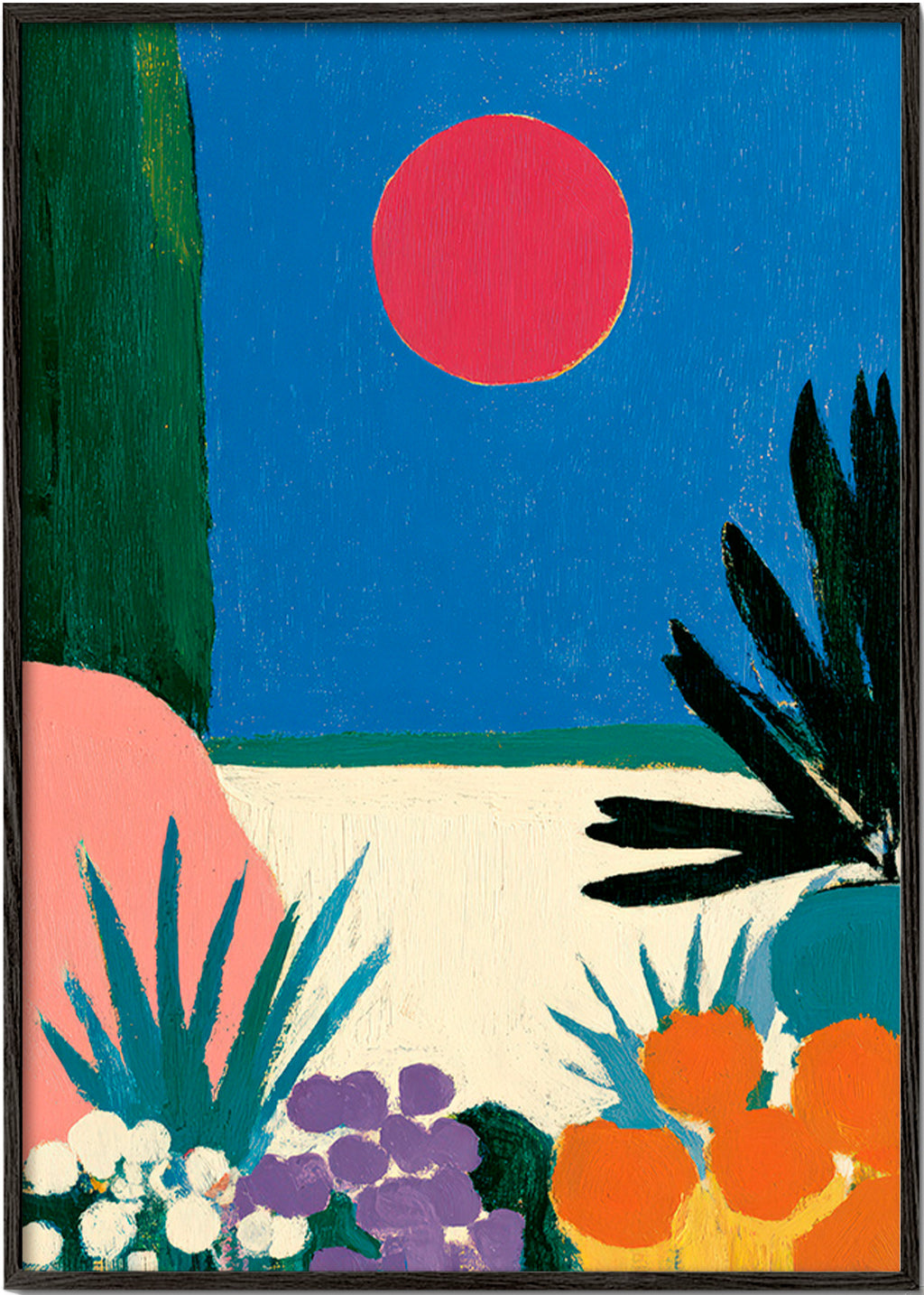 Botanischer Druck mit rotem Mond und stilisiertem Garten