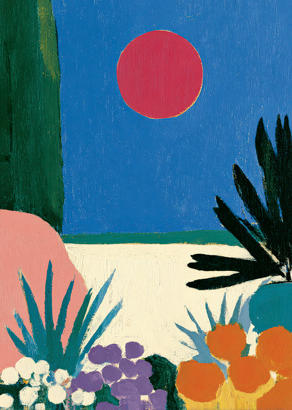 Botanischer Druck mit rotem Mond und stilisiertem Garten