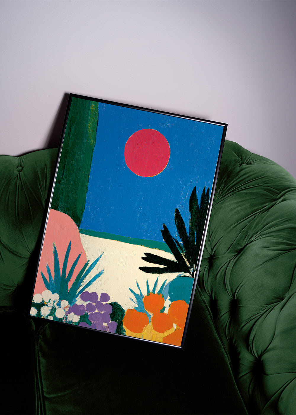 Botanischer Druck mit rotem Mond und stilisiertem Garten