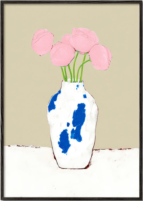 Botanische print met pioenrozen in blauwe vaas