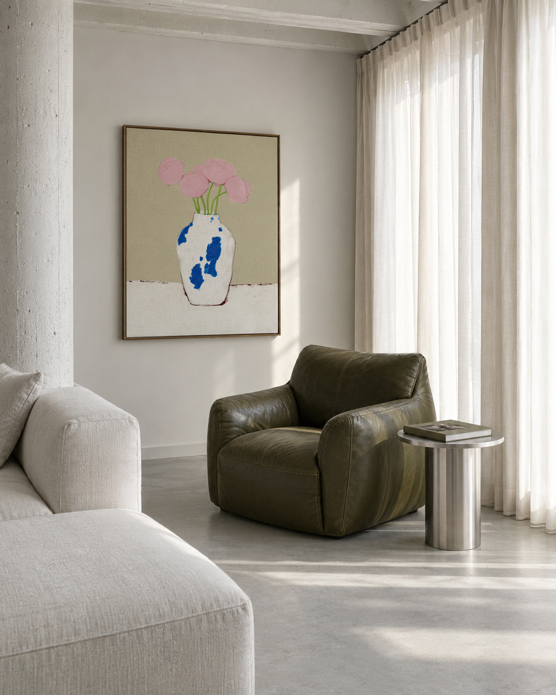Peonies in Blue Vase - Framed canvas in an interior