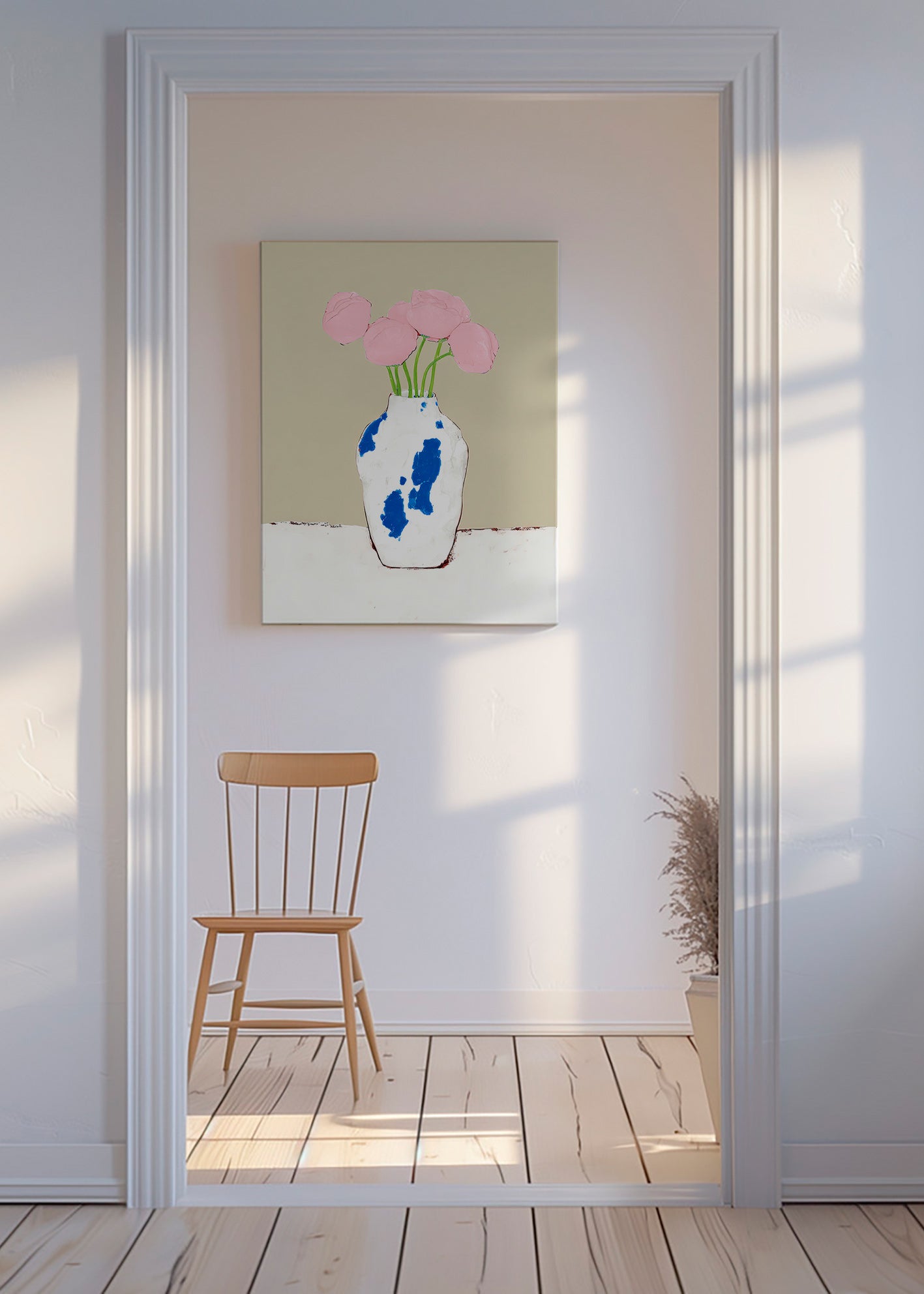 Impression botanique: pivoines dans un vase bleu