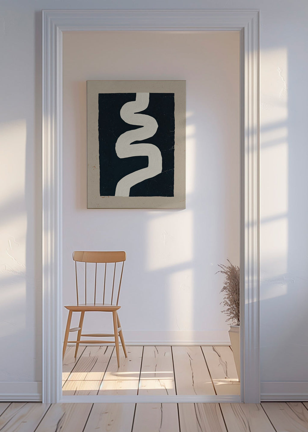 Minimalistische print witte curve op donker vlak