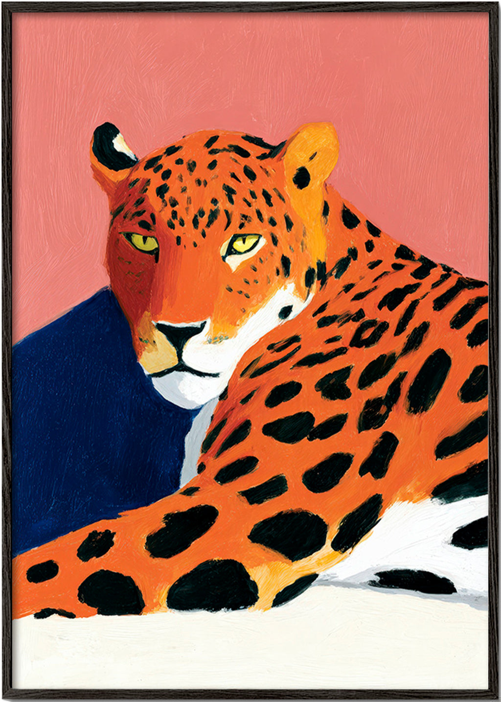 Kunstwerk: Ruhender Leopard vor rosa Hintergrund