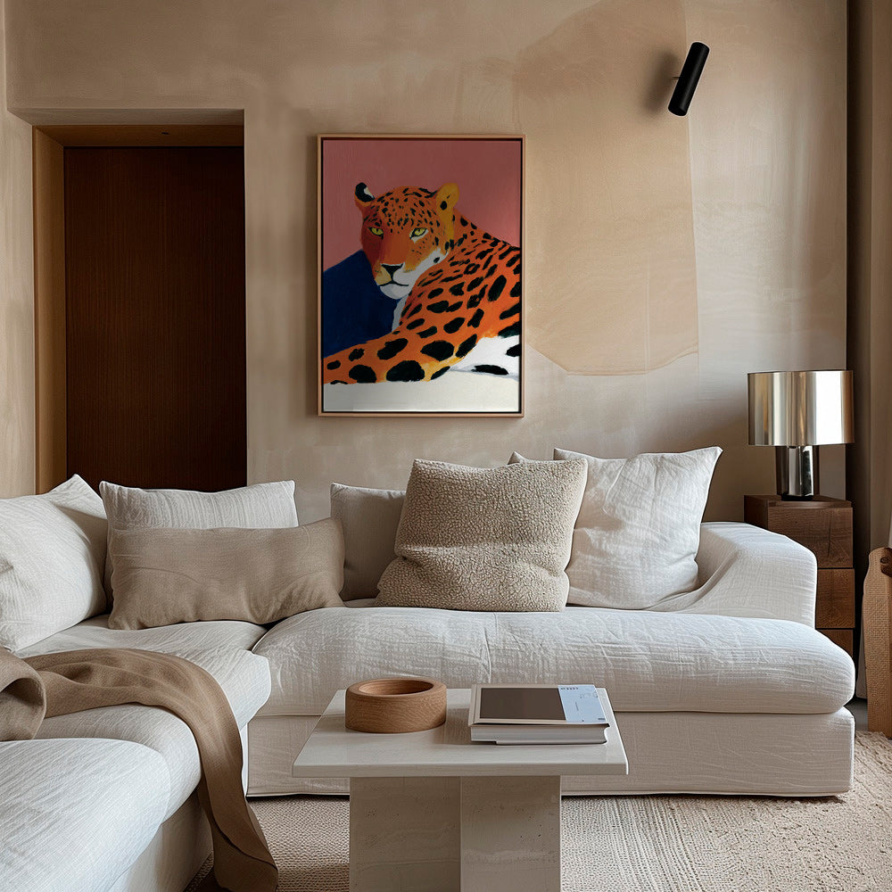 Kunstwerk: Ruhender Leopard vor rosa Hintergrund