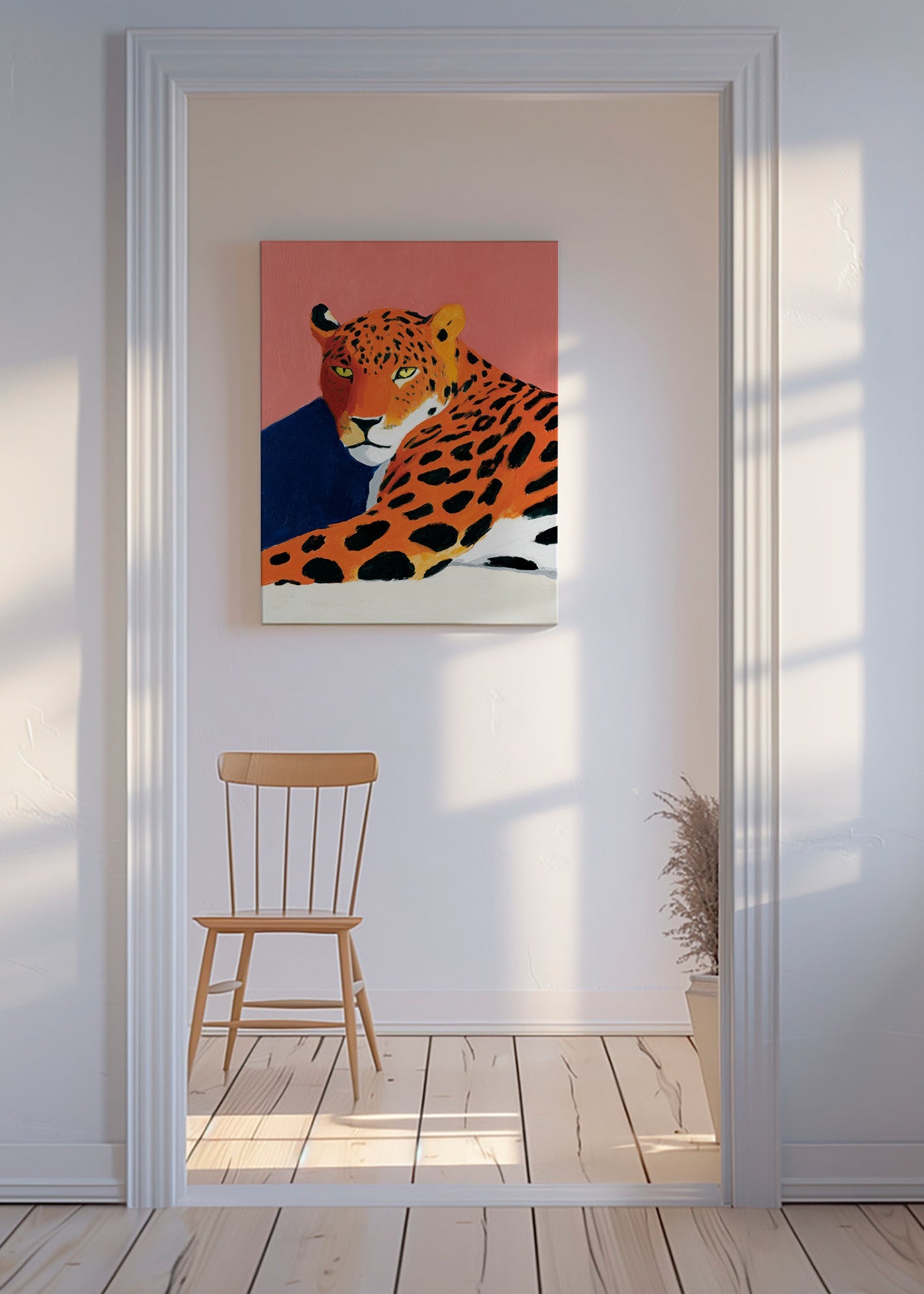 Kunstwerk: Ruhender Leopard vor rosa Hintergrund
