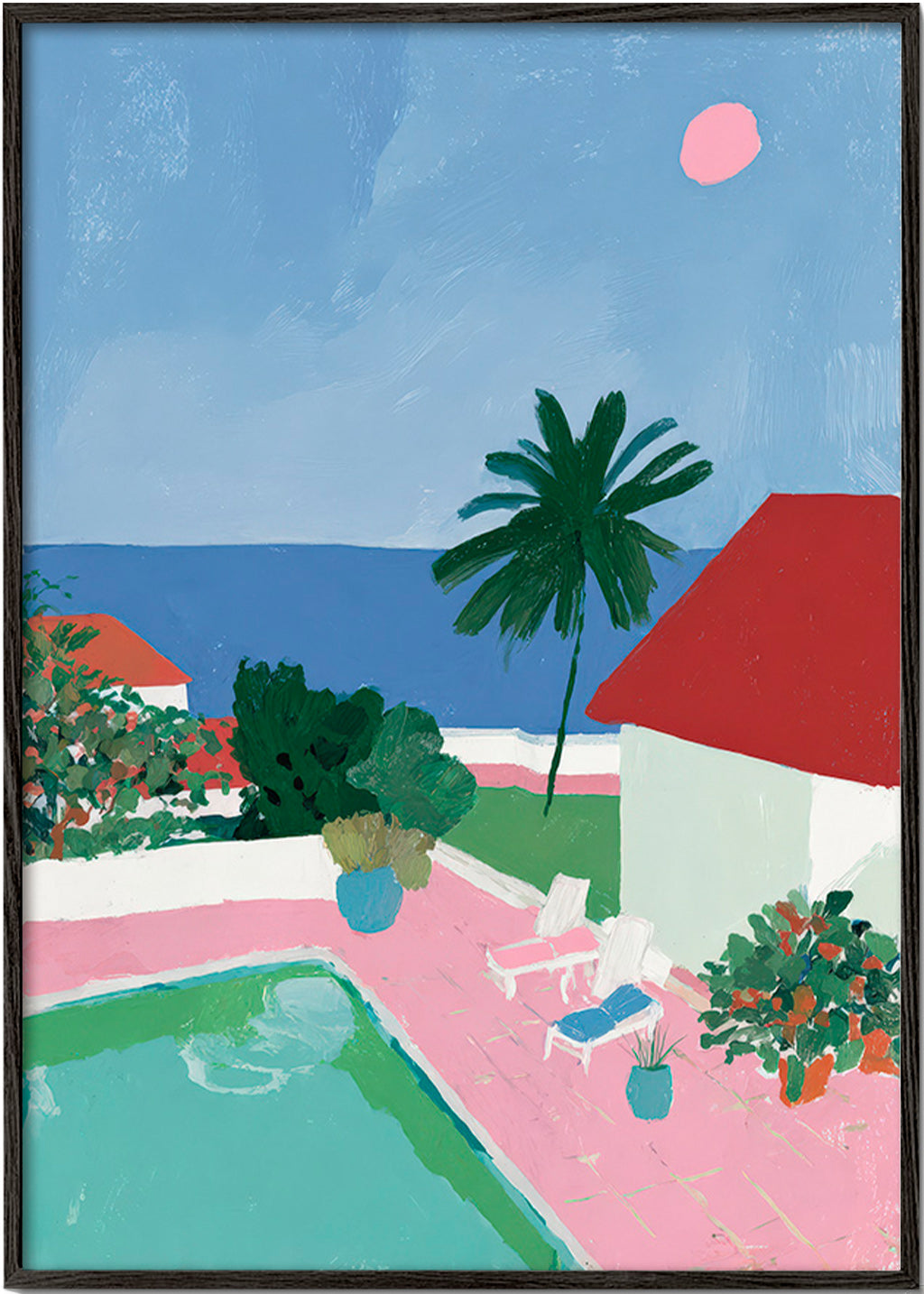 Küstenlandschaft mit Pool, Palme und rotem Dach